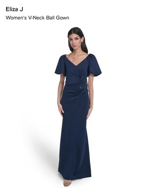 Eliza J Navy V-Neck Gown with Puff Short Sleeves